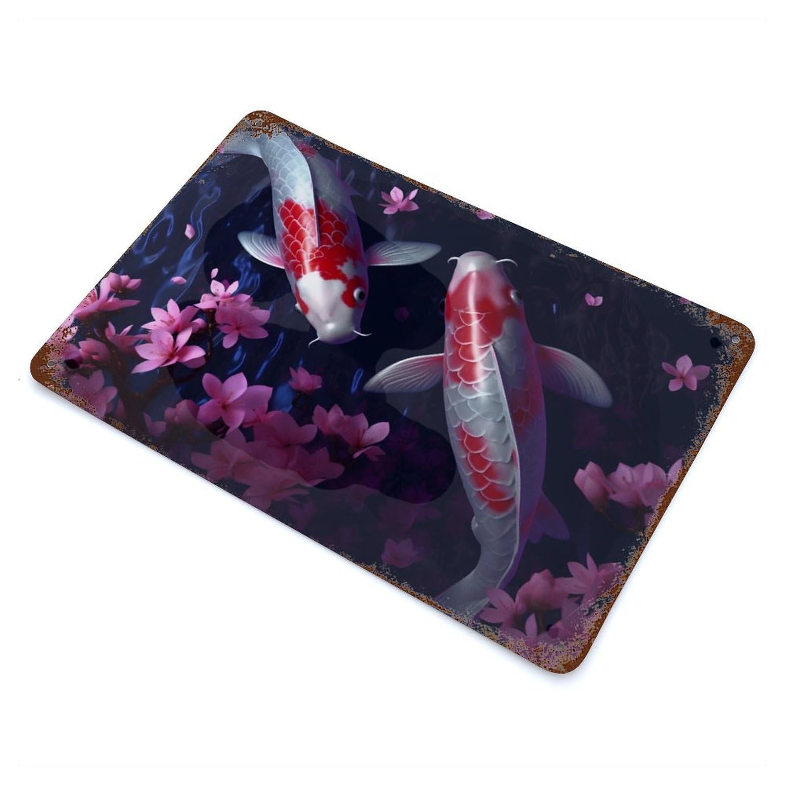 Koi And Cherry Blossoms Distressed Metal Wall Sign 11.8"x7.9", for Farmhouse, Kitchen And Entryway Decor, Rustic Home Decor
