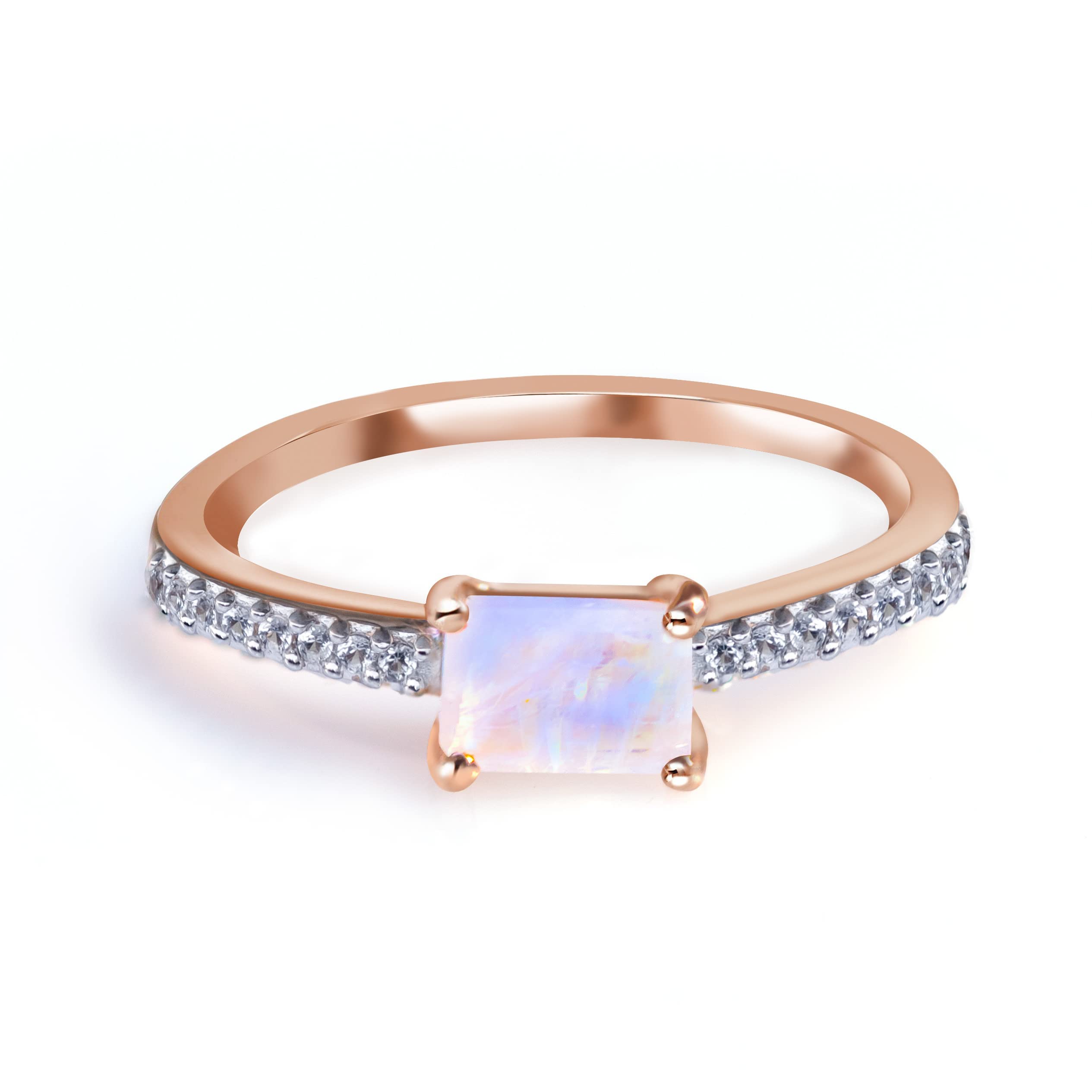 YoTreasure0.65 Ct. Rainbow Moonstone White Topaz Solid 10kt Rose Gold Promise Ring Prong Jewelry