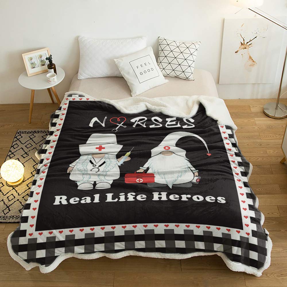 Yun Nist Sherpa Fleece Throw Blankets Gnomes Nurse Real Life Heroes Super Soft Reversible Blanket, Wram Cozy Throws for Sofa Couch Bed Black and White Plaid