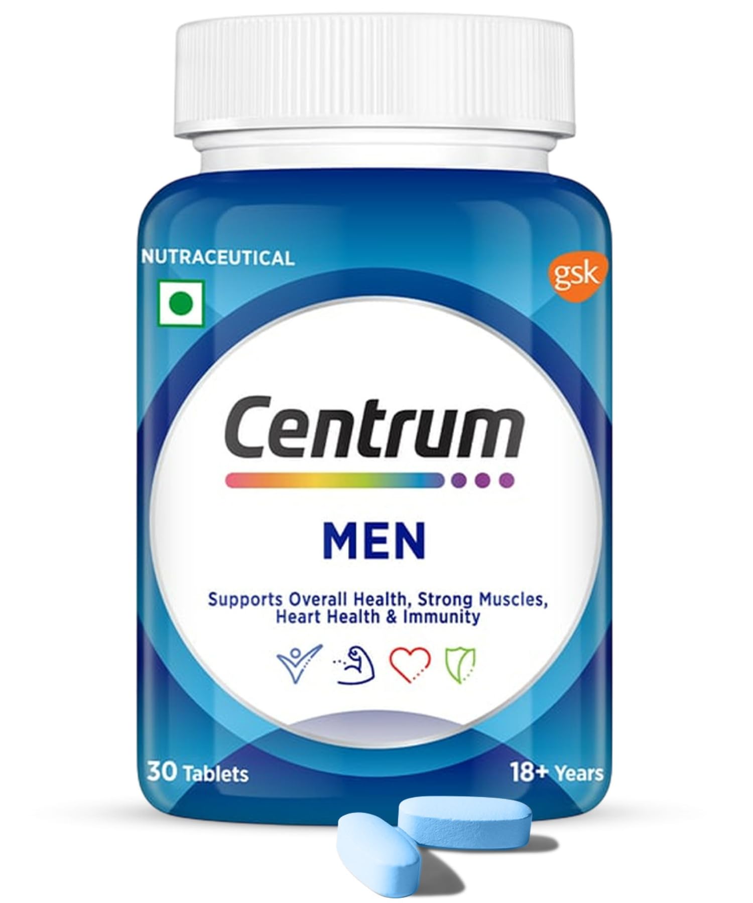 Centrum Men Tablet, World'S No.1 Multivitamin With Grape Seed Extract, Vitamin C & 21 Other Nutrients For Overall Health, Strong Muscles & Immunity (Veg) 30S, 43 Grams
