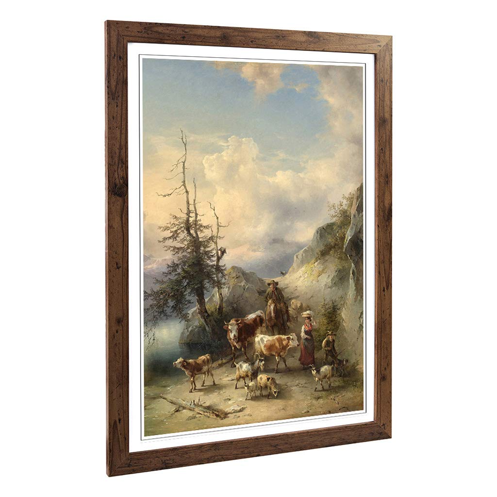 Big Box Art Framed Print of Friedrich Gauermann Animals and Landscape Design | Wall Art Picture | Home Decor for Kitchen, Living Room, Bedroom, Hallway, Walnut, A2 / 24.5x18 Inch / 62x45cm