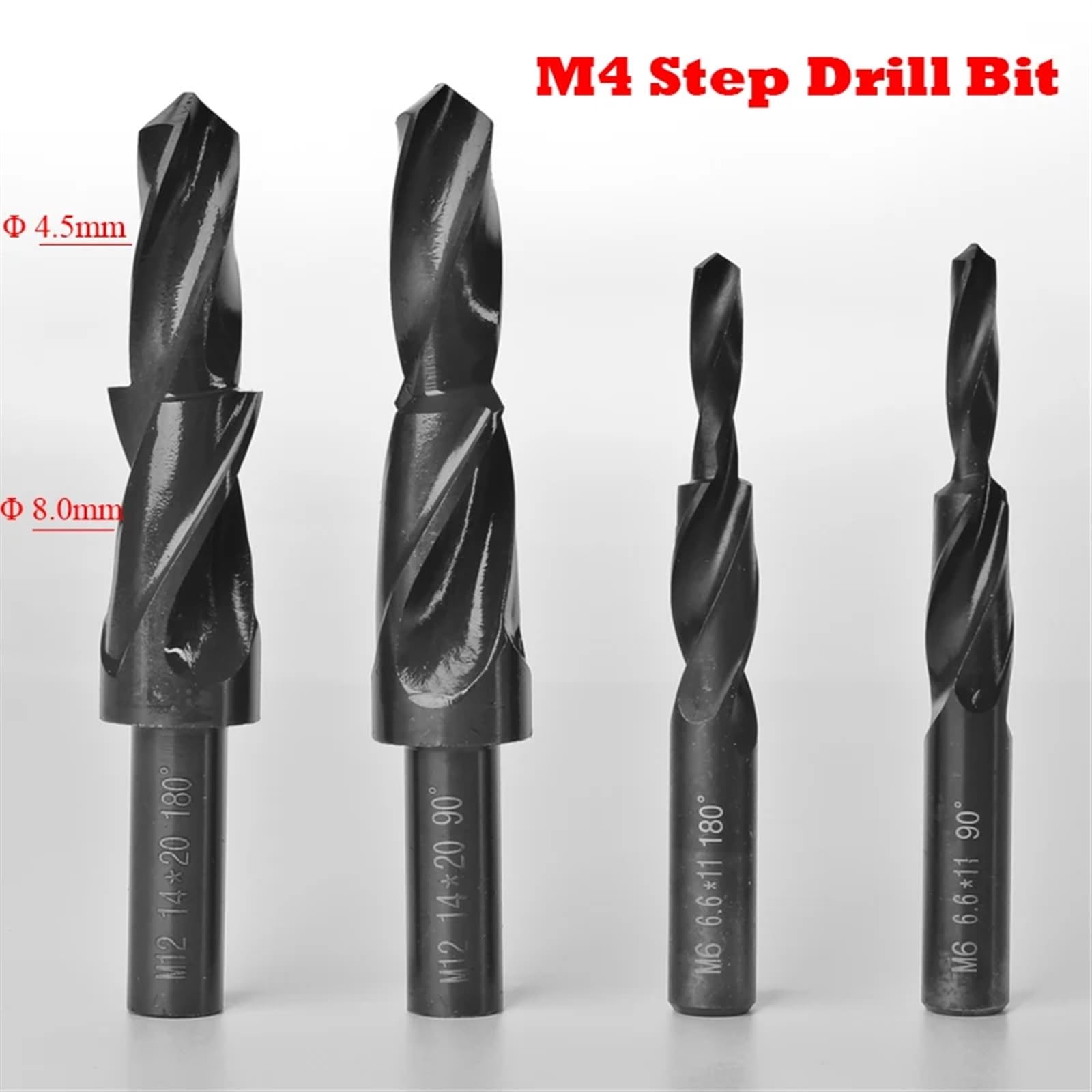 M4 4.5mm 8mm 4.5-8mm Diameter 90 180 Degree High Speed Steel HSS Small Straight Shank Two Subland Step Core Twist Drill Bit 1Pcs(90 Degree)