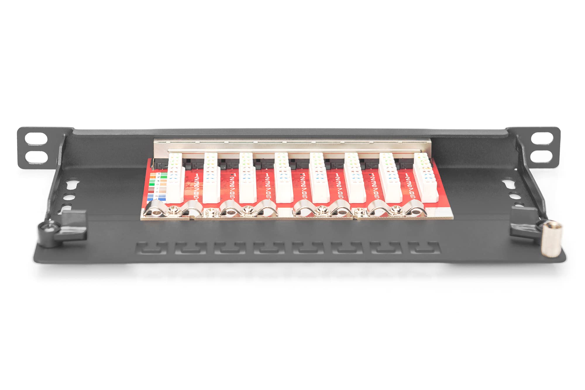 DIGITUS Panel de conexión Cat-6A - 8 Puertos - Montaje en Rack de 10 Pulgadas 0,5 U - Blindado - Conectores RJ45-10GBase-T - Panel de distribución LSA - Negro