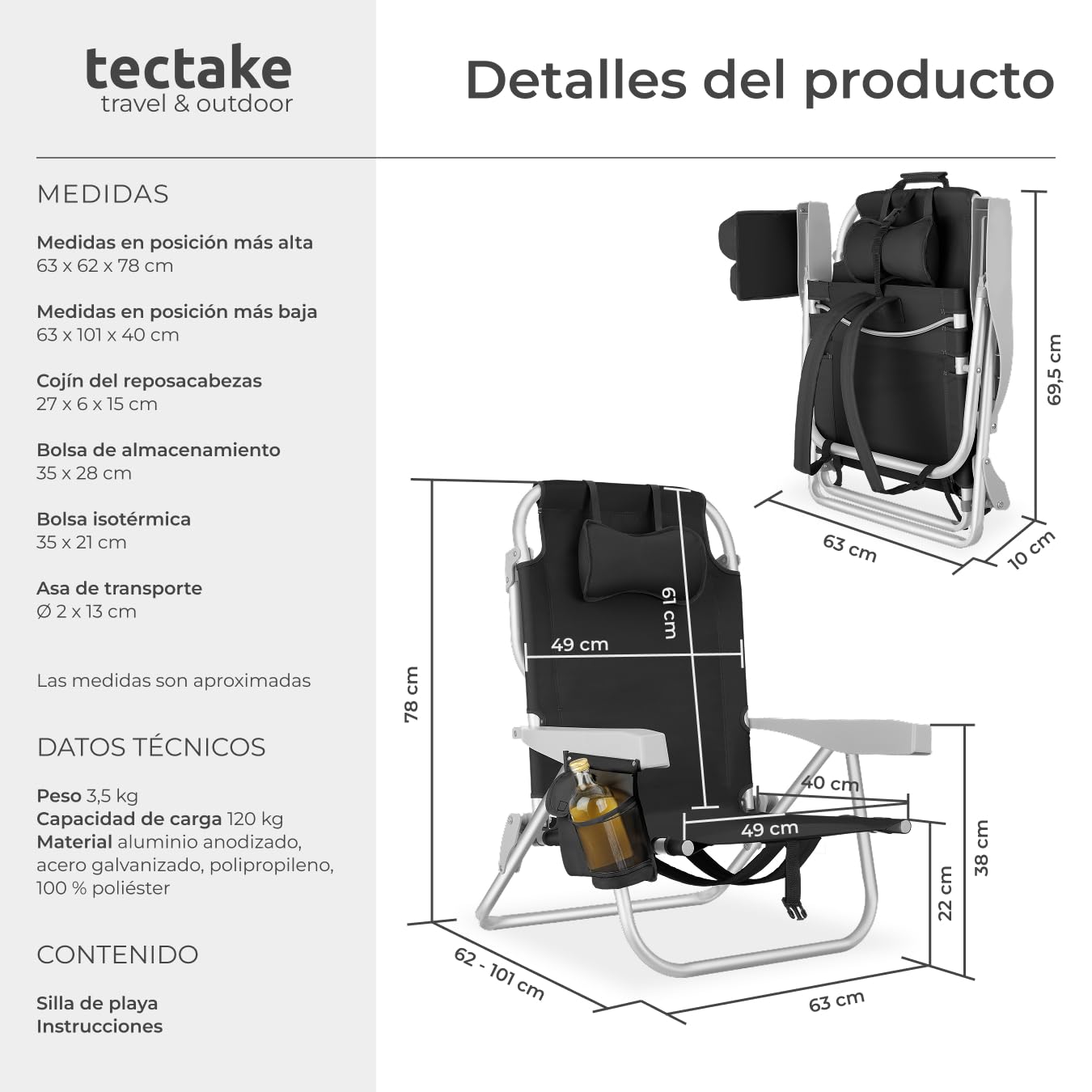 tectake® Silla Playa Plegable con Respaldo Ajustable, Estructura de Aluminio, Función Mochila, Silla Camping Ligera, Ideal cómo Sillas Playa o Sillas Plegables Camping para Relax - 1 Unidad Negro