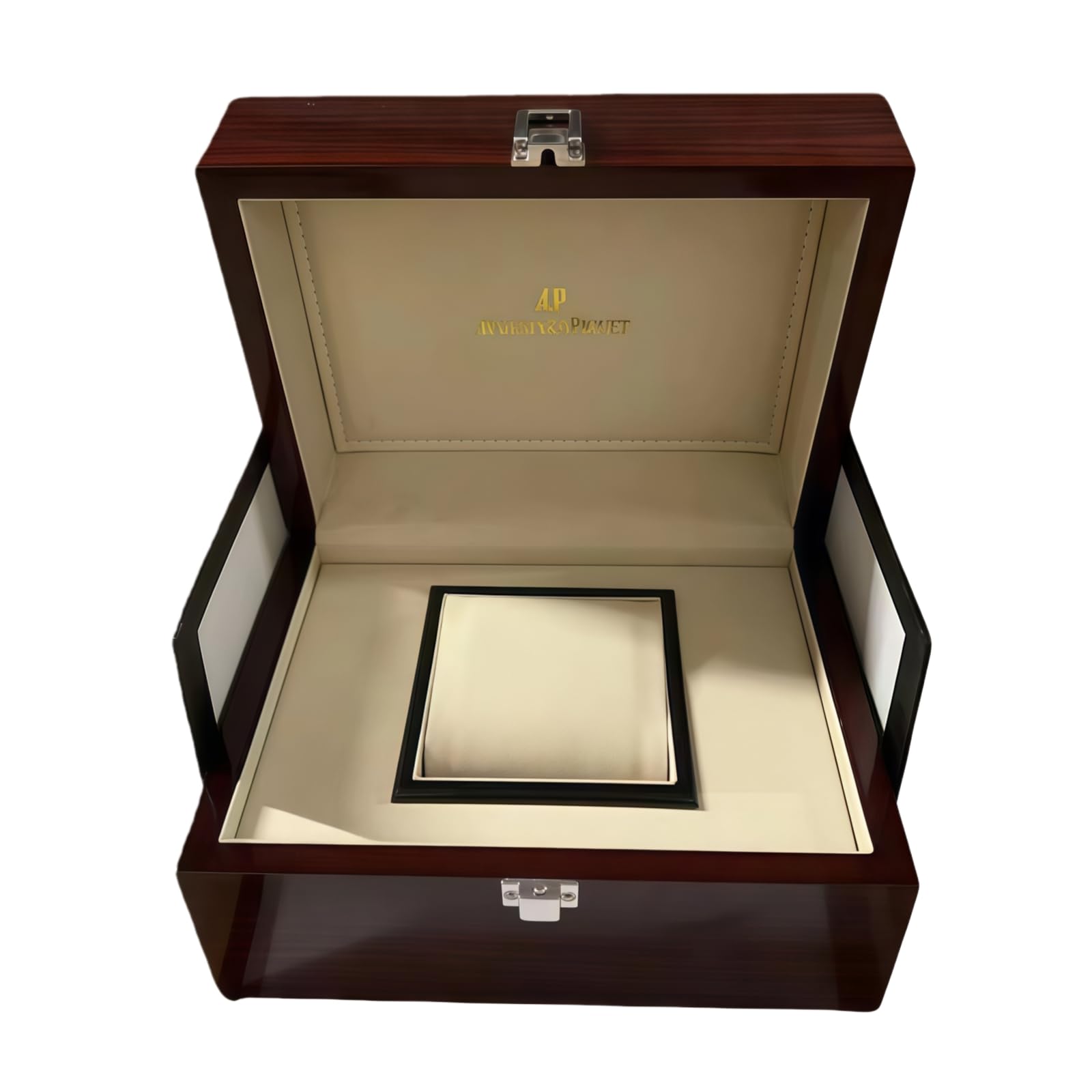 Premium Orologio Espositore Scatola Scuro Palissandro Grana Motivo Argento Chiusura Beige Pelle Fodera Protezione Organizzatore per Audemars Piguet Box