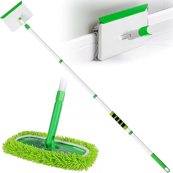 Baseboard Cleaner Tool with Handle, Extendable Long Handle Baseboard Cleaning Duster with Reusable Pads for Floorboard, Ceiling Fan Blade Cleaner Duster (Green)