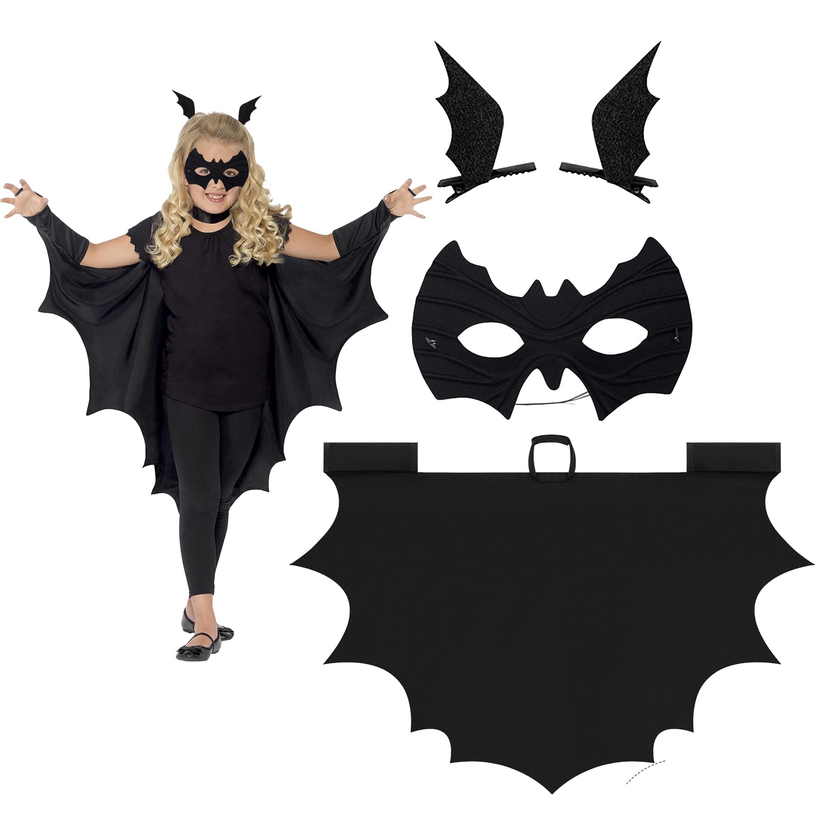 Mizijia Costume Pipistrello Bambini, Costume Pipistrello Halloween Bambini + Maschera Pipistrello + 2 Forcina da Pipistrello, Nero Mantello Pipistrello, Costume Pipistrello Bambina/Ragazzo