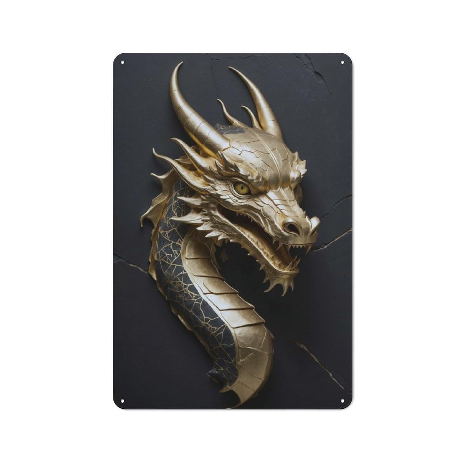 Junmoney Style-13 Workshop Style Golden Dragon Head Sculpture On Dark Background Tin Sign 30X20cm, Workshop Wall Decor For Tool Room, Garage, Studio Or Home Bar