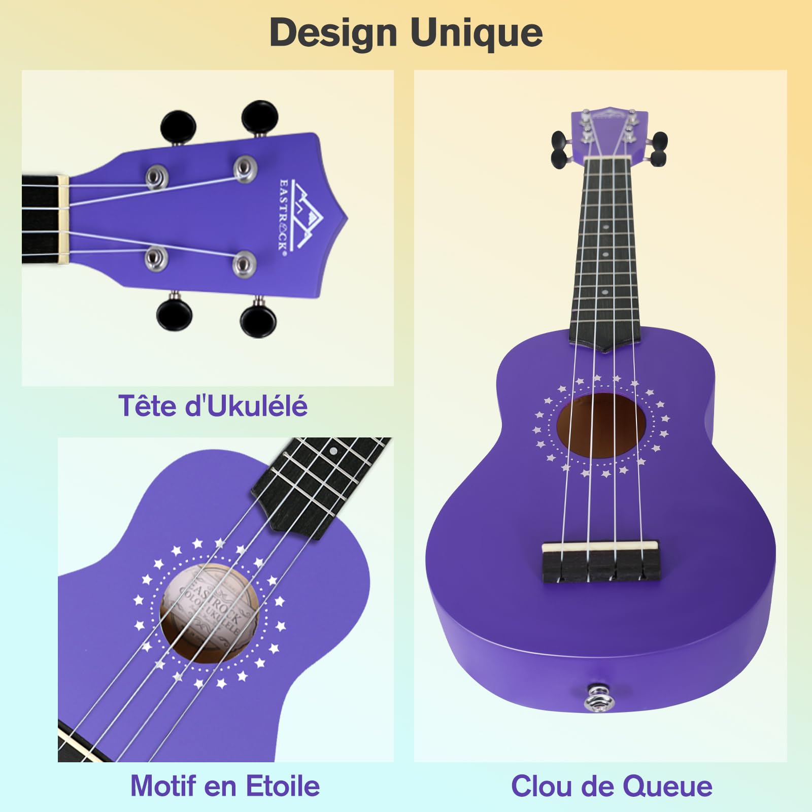 EastRock Ukulélé Soprano Débutants, Hawaïen Ukulele 21 pouces pour Adultes, Yukulele de Kit avec sac livret (Violet)