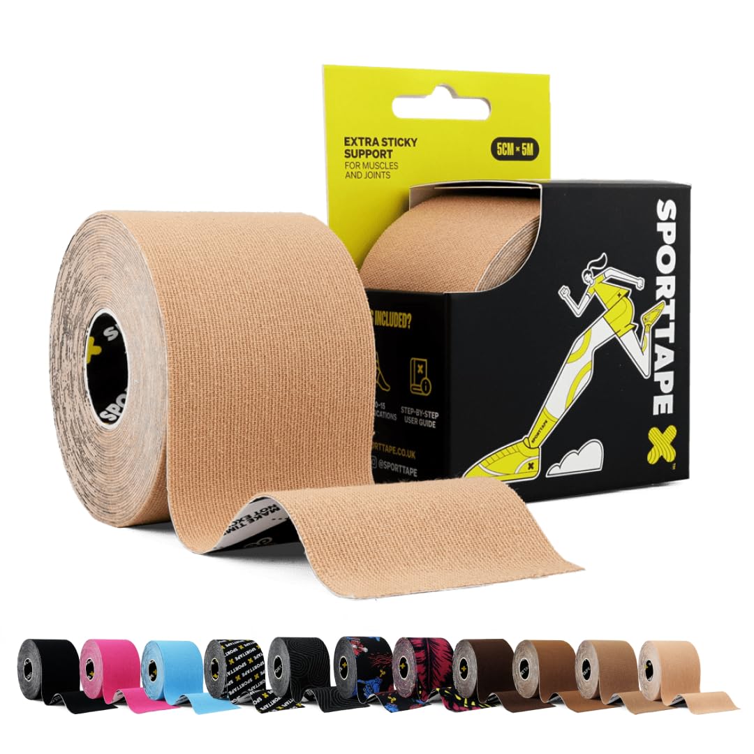 SPORTTAPEKinesiology Tape - 5cm x 5m Roll - Beige | Physio & Sports Injury Muscle Tape for Knee, Shoulder, Ankle, Plantar, Joint & Body Support | Kinetic, Flexible, Waterproof & Hypoallergenic
