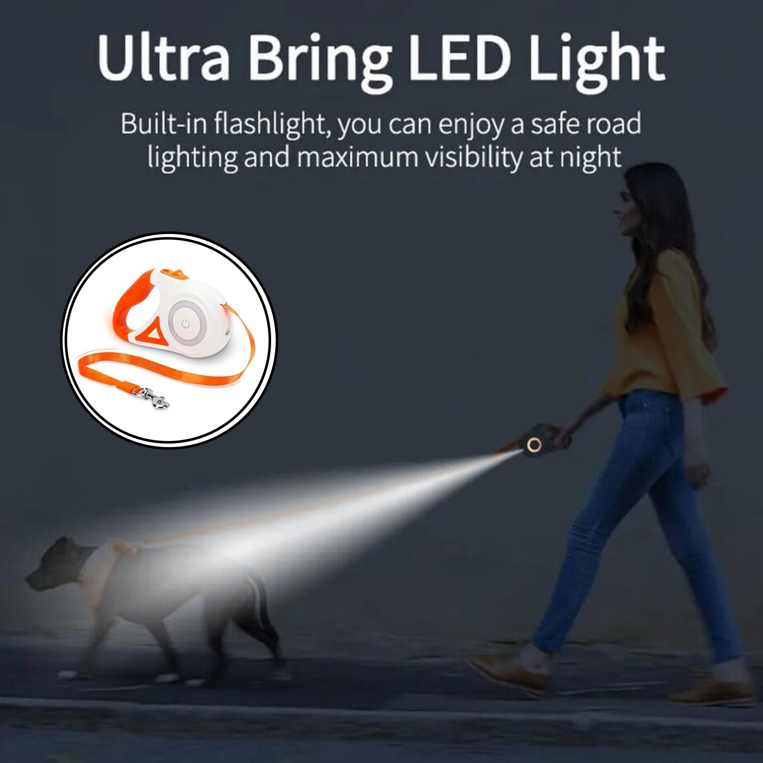Correa retráctil automática para perro con linterna y luces LED de seguridad, color naranja