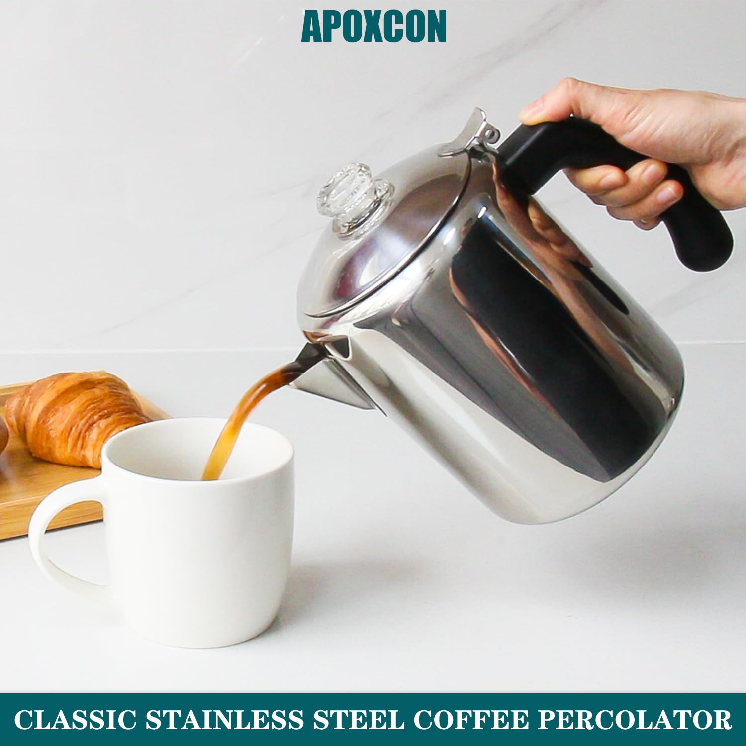 APOXCON Percolateur à café en acier inoxydable avec bouton en verre résistant à la chaleur - Cafetière de camping - Utilisation sur n'importe quelle cuisinière - Argenté - 8 tasses