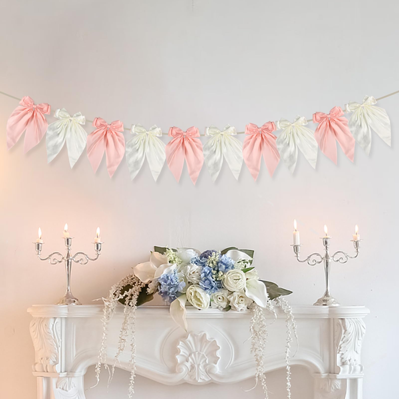 White Pink Bow Garland Banner, Satin Ribbon Garland Decor Hanging Ribbon Bow Banner Bowknot Themed Party Decorations for Wedding Engagement Graduation Supplies