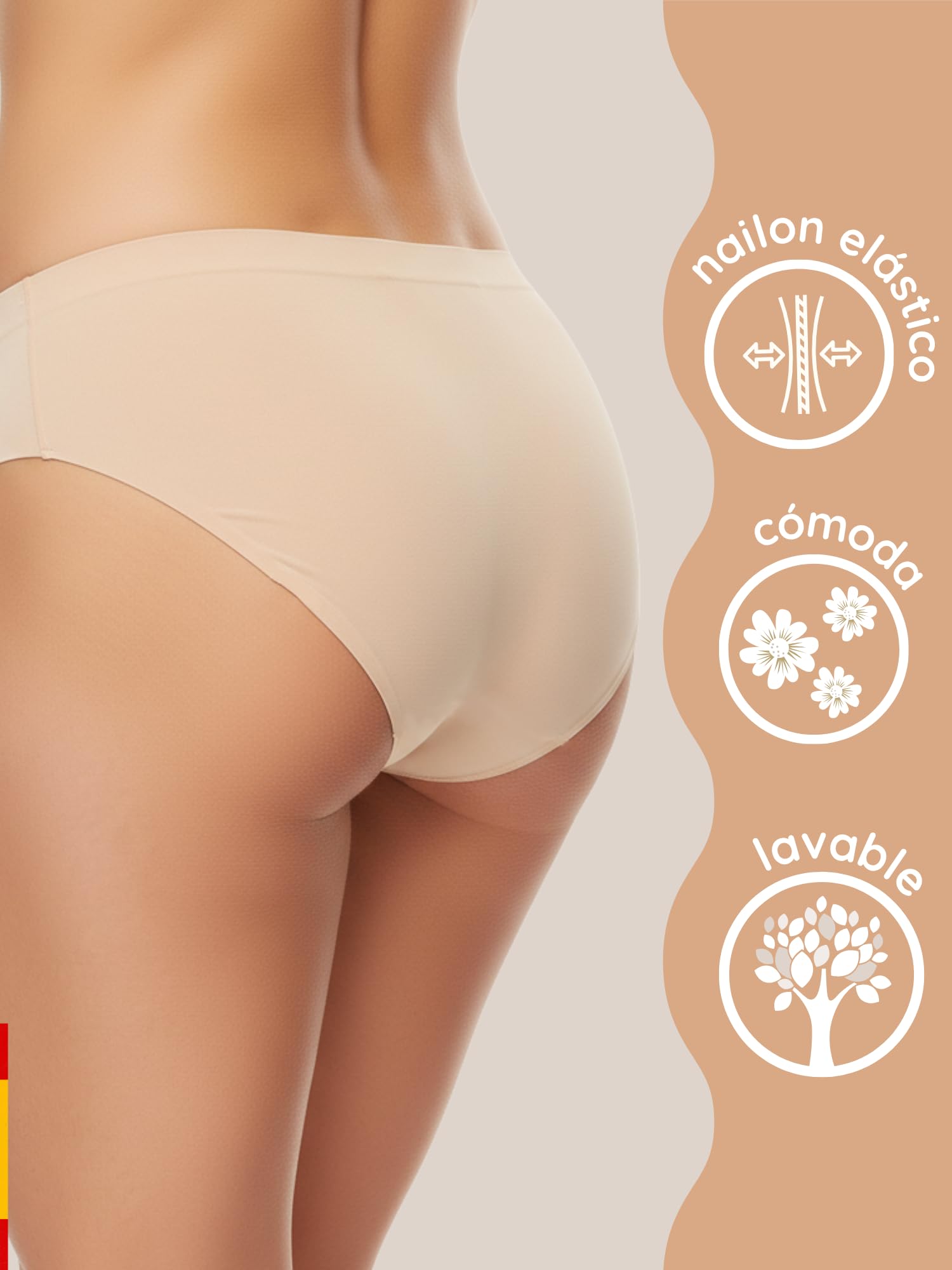 NoBlood - 3 Braguitas Menstruales Invisibles Sin Costuras Beige Color Piel | Sin costuras: bragas beige invisibles, ligeras y absorbentes. Suaves de nylon.