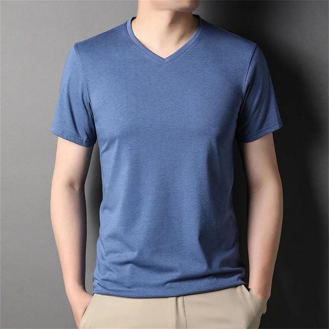 Męska koszulka z dekoltem w serek jedwabna cienka koszulka z krótkim rękawem solidna slim fit trening koszule biurowe, Niebieskie ubrania męskie, XL