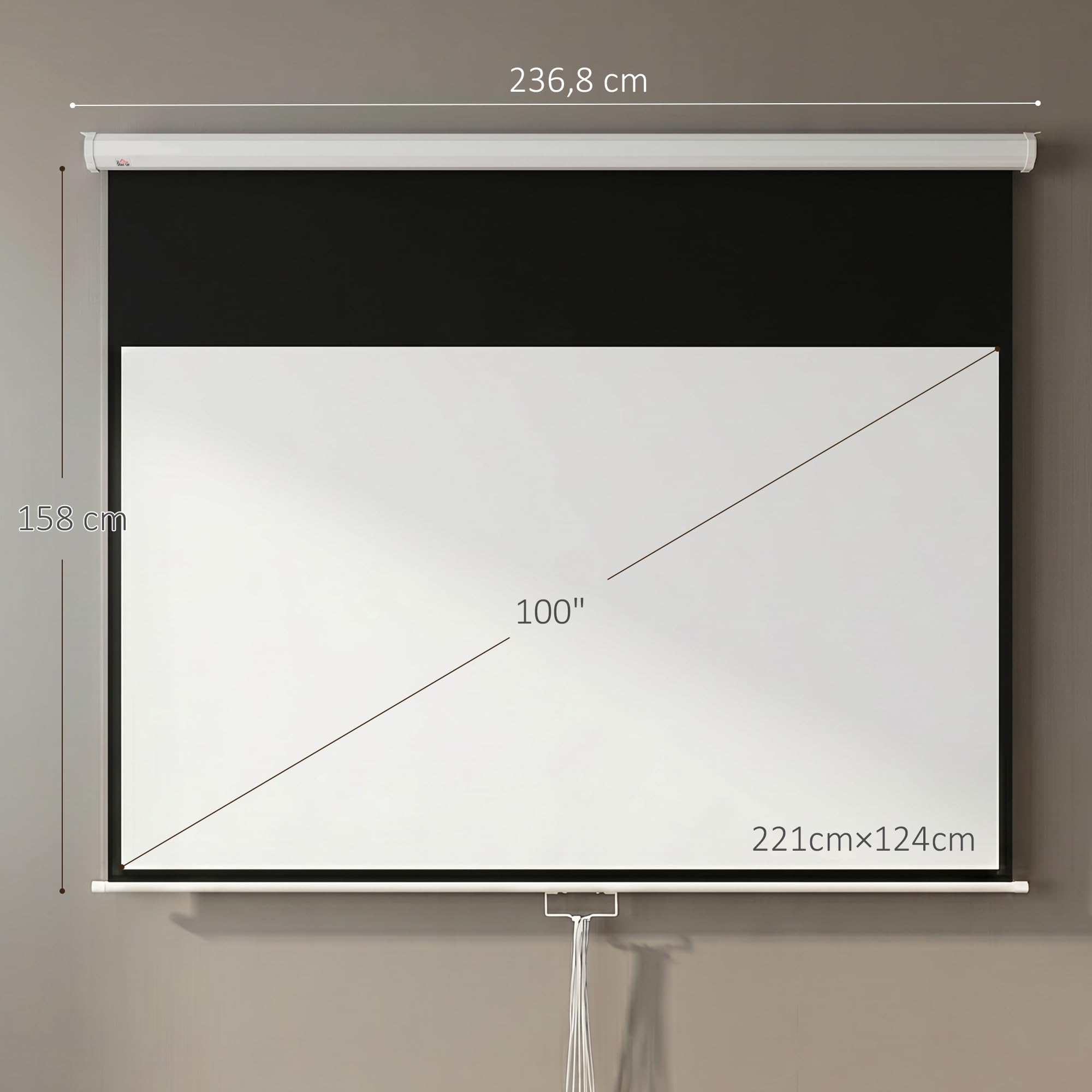 HOMCOM Pantalla de Proyector Manual 100 Pulgadas Pantalla de Proyección Portátil Formato 16:9 con Altura Ajustable para Interior y Exterior Cine en Casa Patio 221x124 cm Blanco