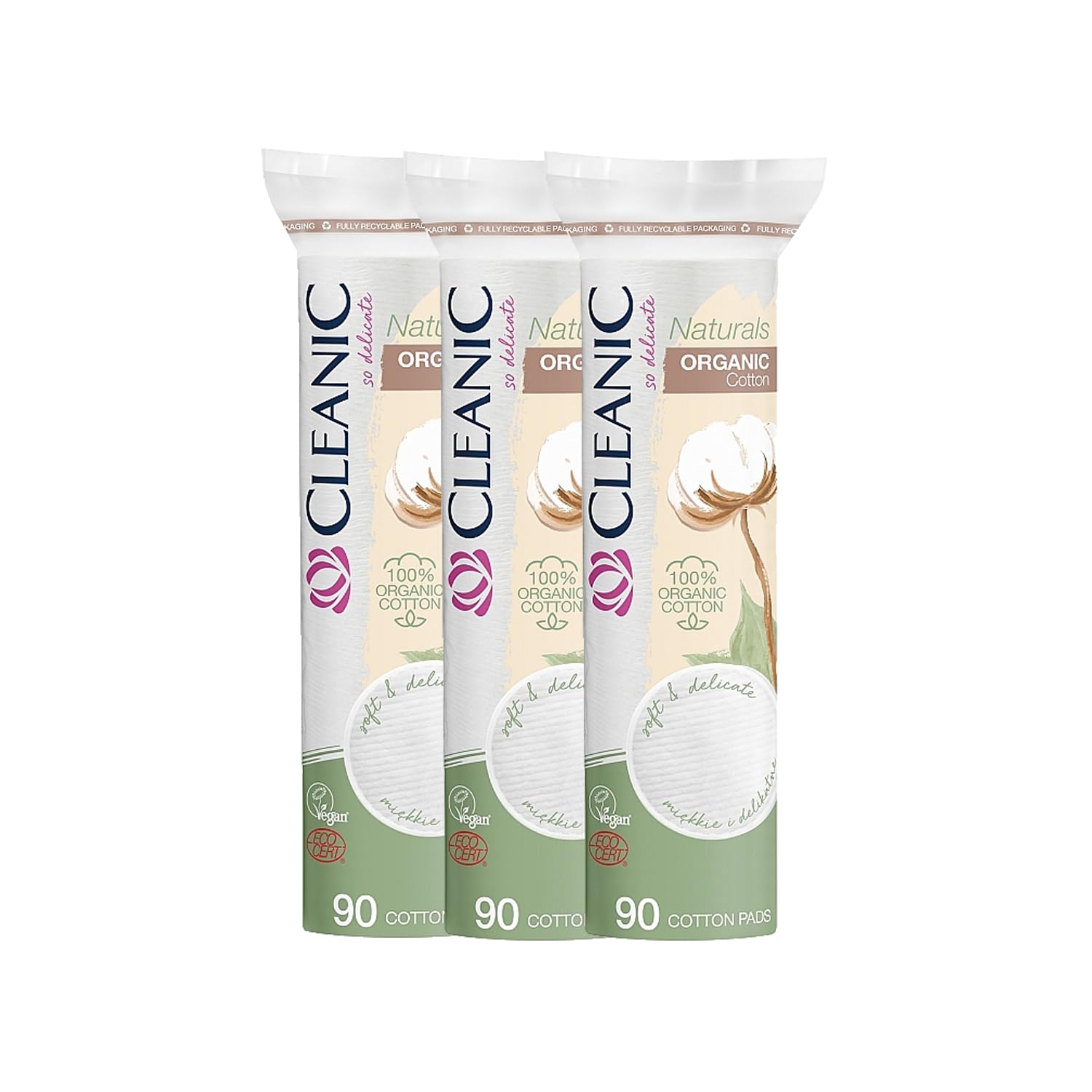 Cleanic Naturals Organic Cotton Makeup Pads (Pack of 3 x 90 Pads) | Soft & Delicate Organic Cotton for Effective Makeup Removing | Naturally Soft, Absorbent, Gentle & Removes Makeup | Pure Cotton