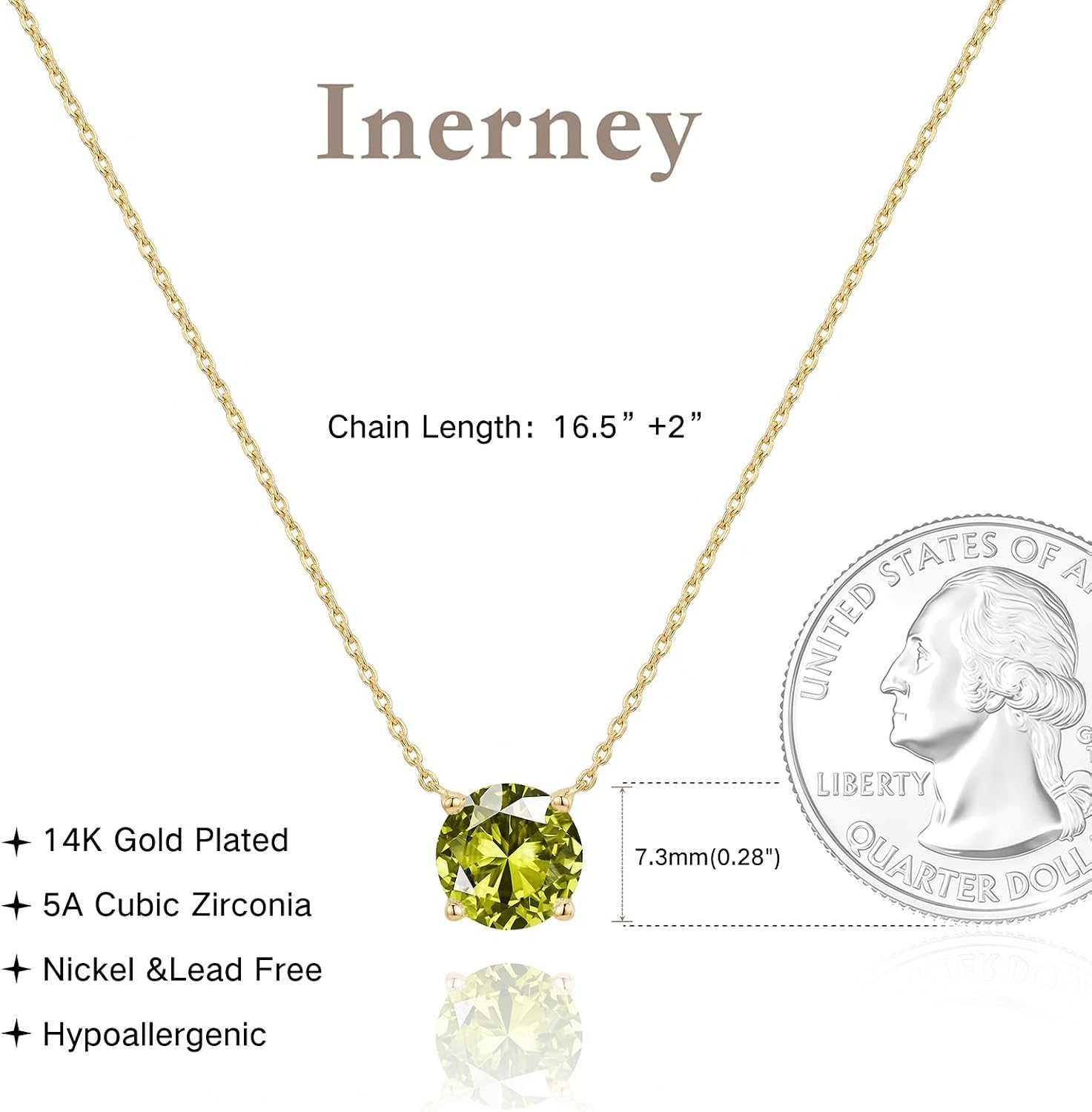 Pendant Necklace for Women, Dainty Cubic Zirconia Necklace for Women, 14K Gold Plated Solitaire CZ Pendant, 1.5 Carat (7.3mm) Crystal, Simple Diamond Look Jewelry Gift for Valentine's Day Birthday Wedding
