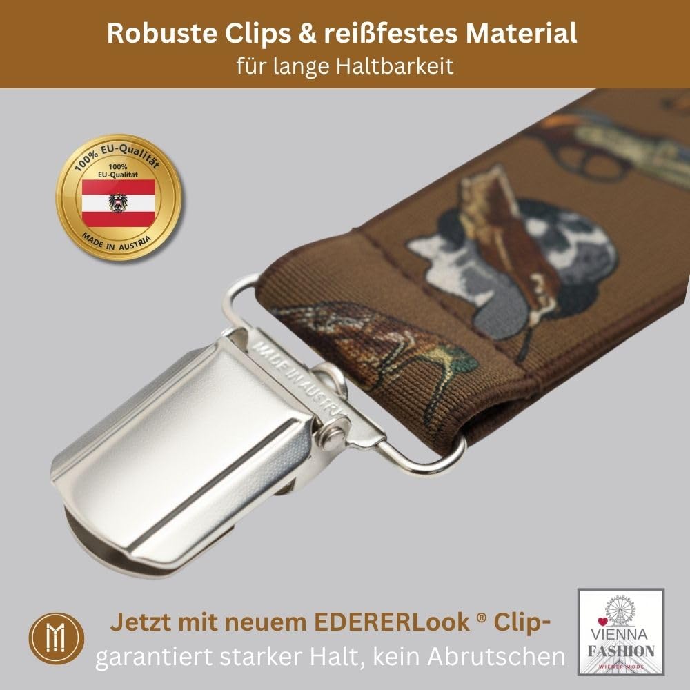Tirantes para hombre – Diseño de caza – 3,5 cm de ancho, ajustable 65 – 125 cm – Forma de X – Clips resistentes y gran comodidad – Ideal para caza, al aire libre, trabajo y como elegante regalo