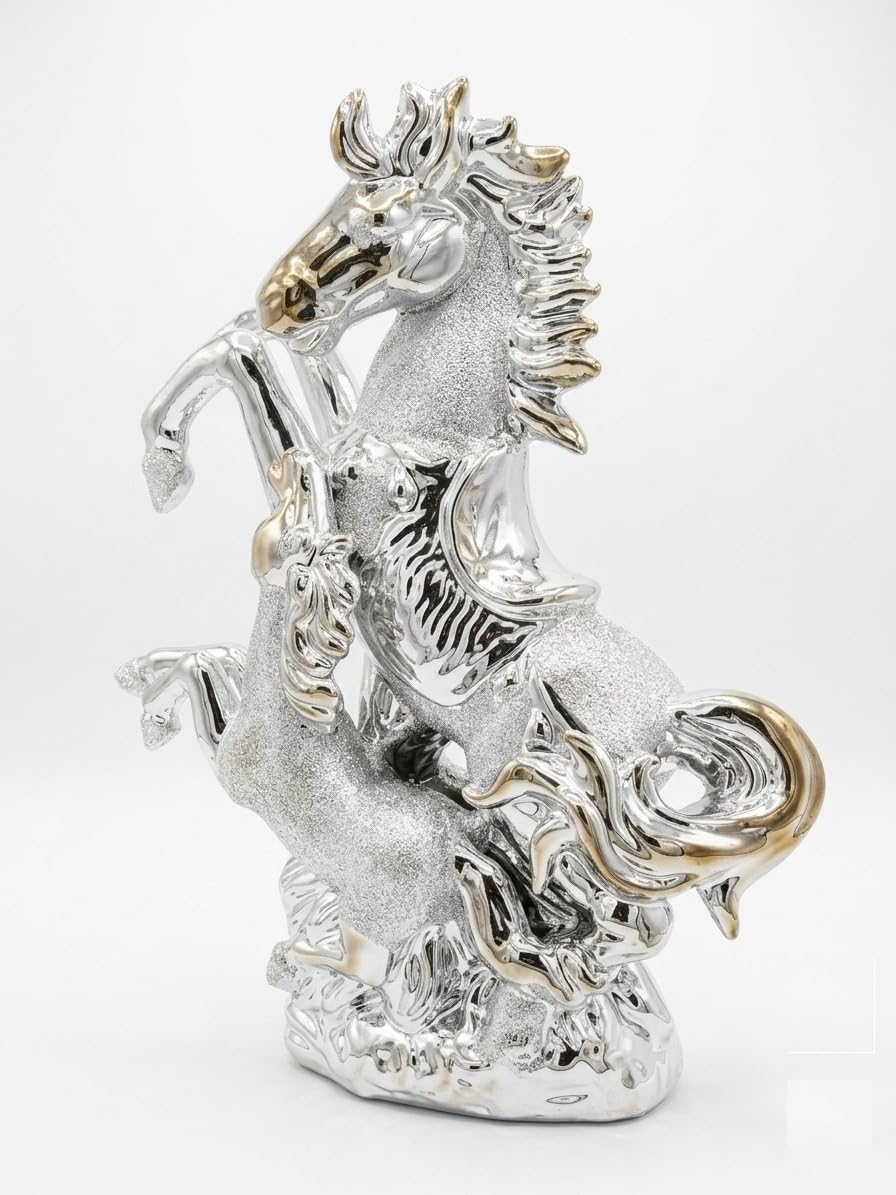 Segoy Silver Italian Style Horse & Foal Ornament Romany-Inspired Ceramic & Figurine With Crushed Diamond Bling – 25Cm