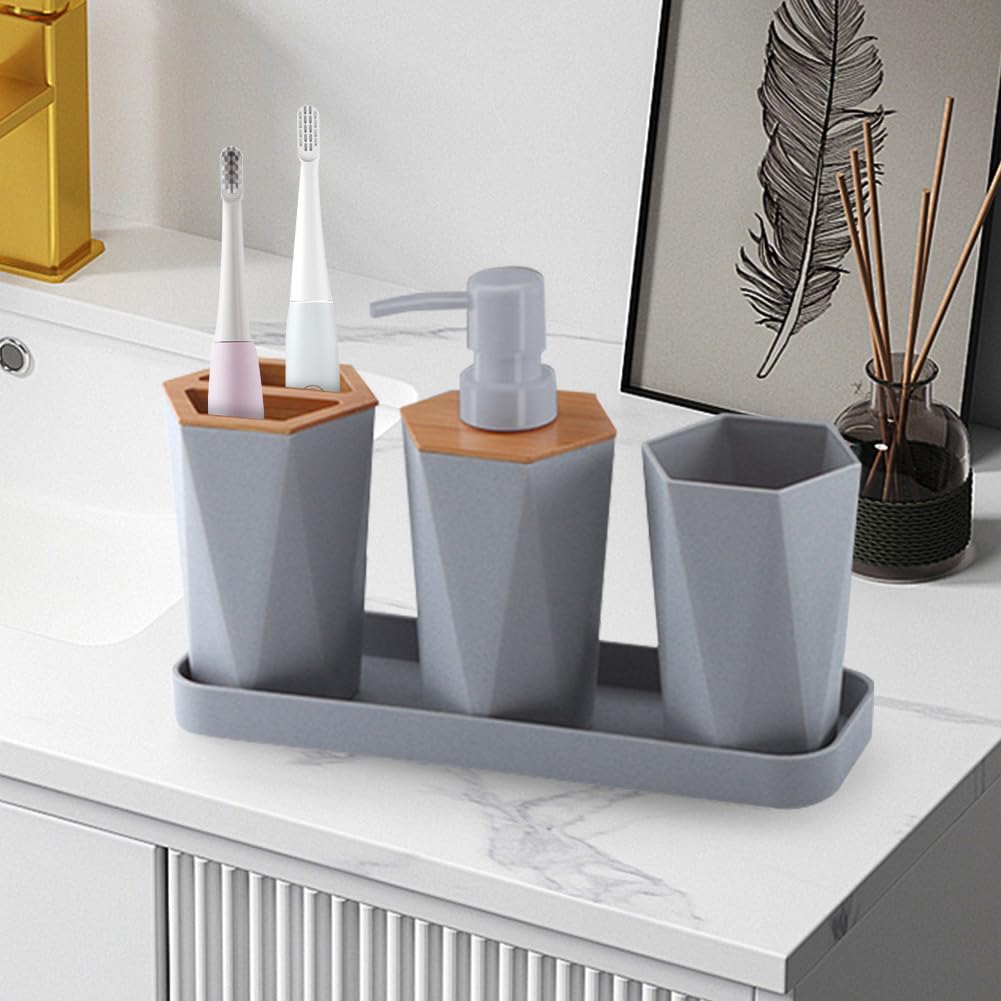 Juego de 8 accesorios de baño con portavasos, dispensador de platos, cepillo (gris)