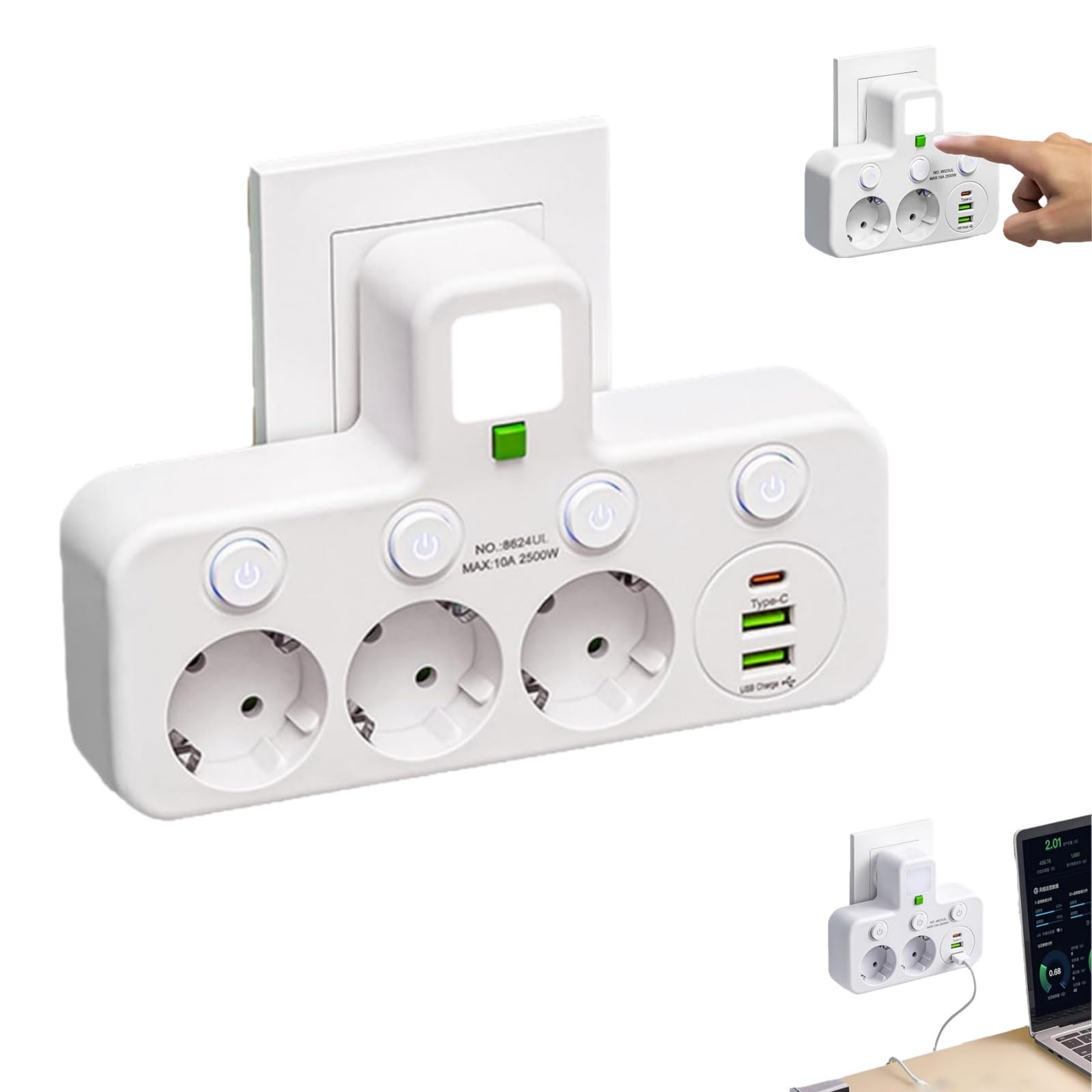 Kabellose Steckdosenleiste, mit Nachtlicht multifunktionale Adaptersteckdosenleiste, einzelne Schaltersteuerung, 2/3/4/5 Steckplätze + 1 Type-C + 2 USB-Port (3Dosen,Weiß)
