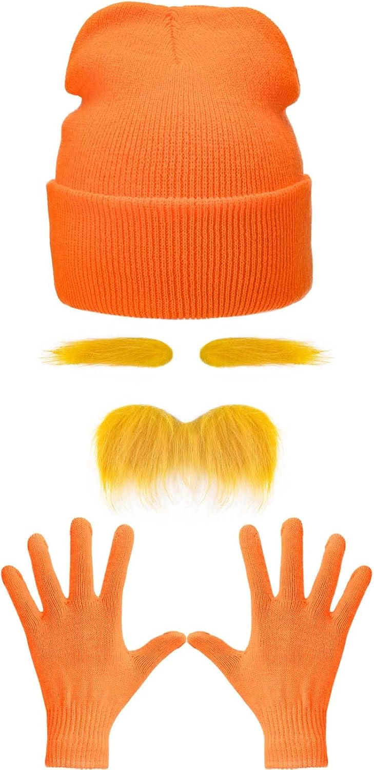 3 Pcs Orange Cosutme Accessory Set Including Orange Beanie Cap Eyebrow Mustaches Gloves Book Character Costume for World Book Day Cosplay Party Supplies