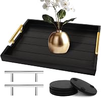 Sxnows Large Black Wooden Serving Tray with Handles & 4 Coasters - Ottoman Coffee Table Tray for Living Room