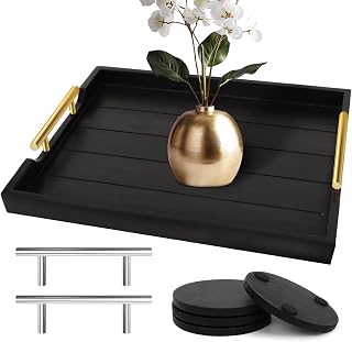 Sxnows Large Black Wooden Serving Tray with Handles & 4 Coasters - Ottoman Coffee Table Tray for Living Room