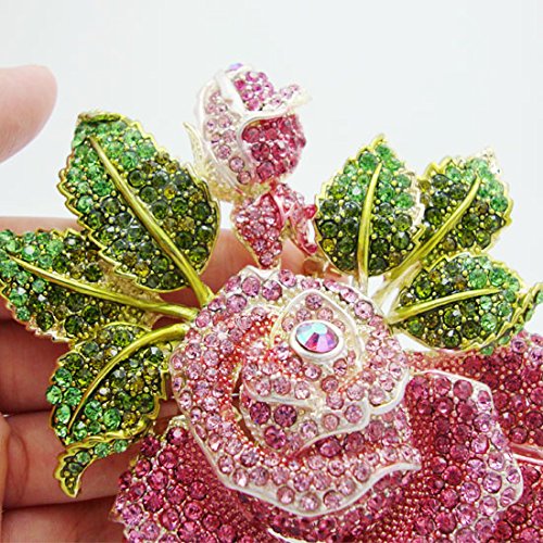 Image of TTjewelry Pink Huge Rose Flower with Green Leaf Pink Bud Austrian Crystal Rhinestone Brooch Pin B20000101