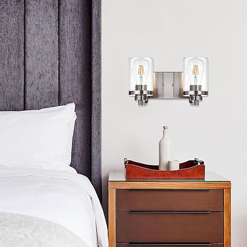 Miniatura 6 de Aplique de pared industrial, 2 lámparas de tocador de baño con vidrio sembrado, lámparas de pared de níquel cepillado sobre espejo para dormitorio