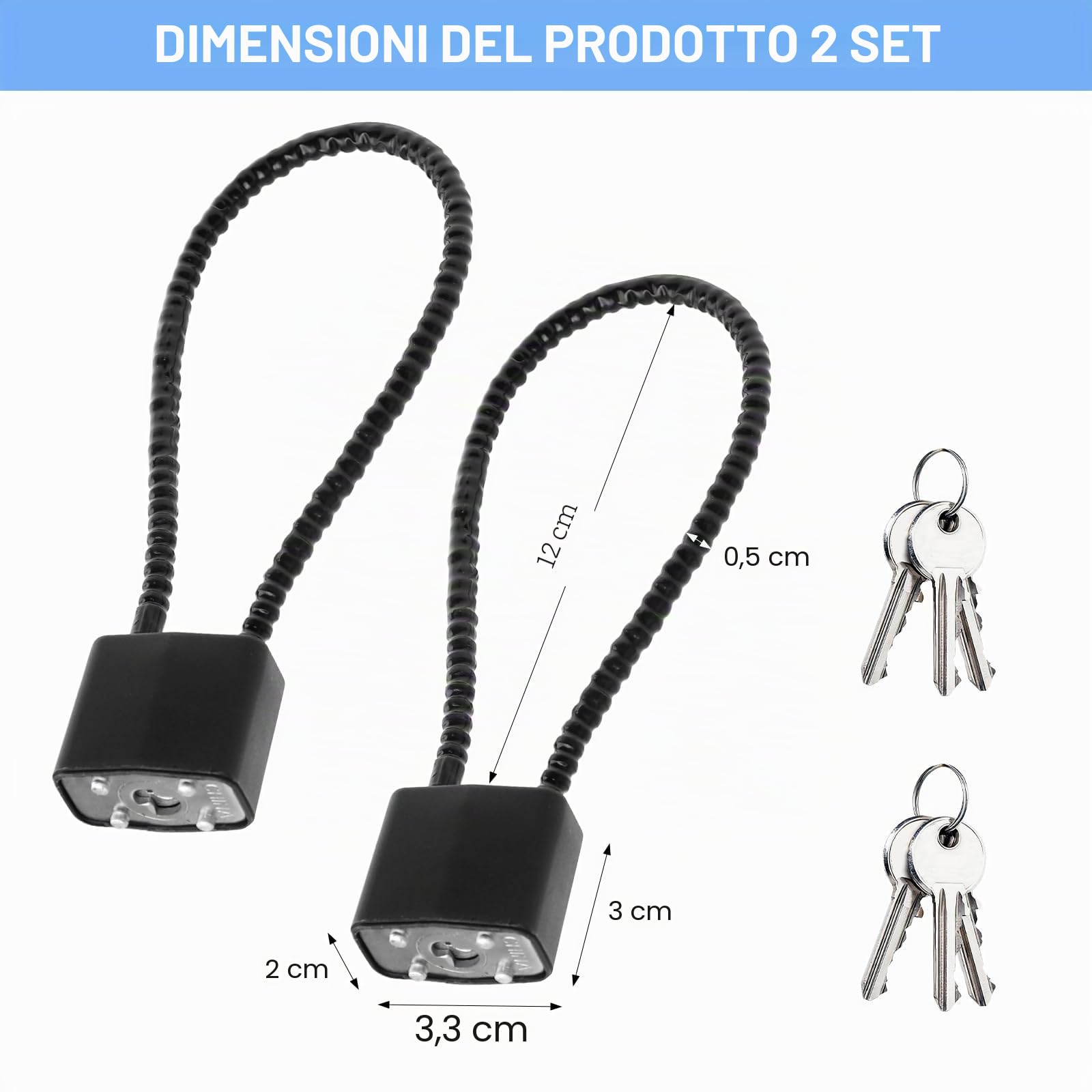 2 Lucchetti con Chiav, Lucchetto 28 CM con Fune Metallica nero a Chiavi Uguali, Lock bici, Lucchetto Armadietto, Lock Bicicletta, per Valigia, Casco, Armadio