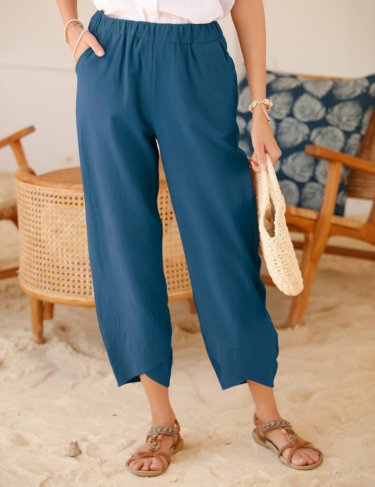 Yuson Girl Pantaloni Donna Pantaloni Estivi Donna Leggeri Pantaloni Larghi Lino Vita Alta Pantalone con Tasche Pantaloni di Svago Panno di Lino da con Fascia Elastica