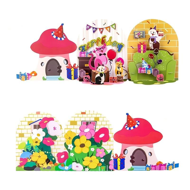 3D Pop Up Cat Birthday Card Cute Mushroom House Greeting Card for Cat Lovers Girls and Boys