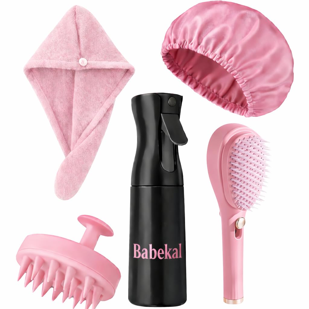 Curly Hair Essentials Set - Mist Spray Bottle, curly hair Brush,Hair Shampoo Brush Head Scalp Massager Scrubber,Hair Towel Wrap,Satin Sleeping Bonnet-image-17