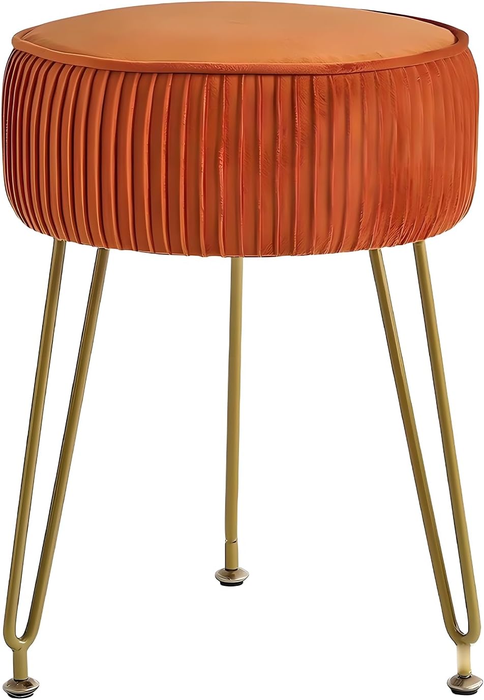 Tmore Vanity Chair,Velvet Ottoman Stool with Round Seat,Plush Cushioned Vanity Chair,Sturdy Gold Metal Legs for Bedroom and Dressing Table,Orange