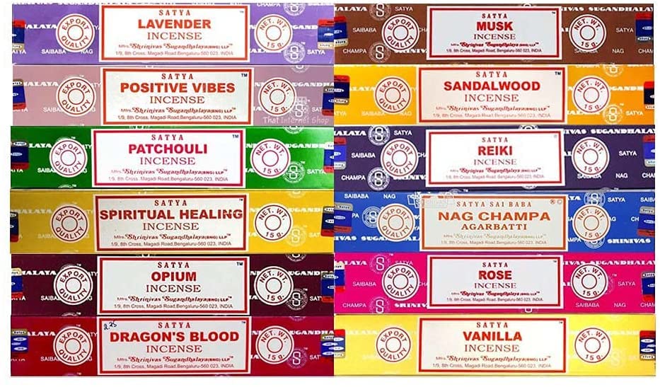 Satya Incense Set of 12 Nag Champa, Super Hit, Sacred Sandalwood, Pure Patchouli, Mystic Rose, Vanilla, Prana, Natural, French Lavender, Opium, Egyptian Jasmine, Champa