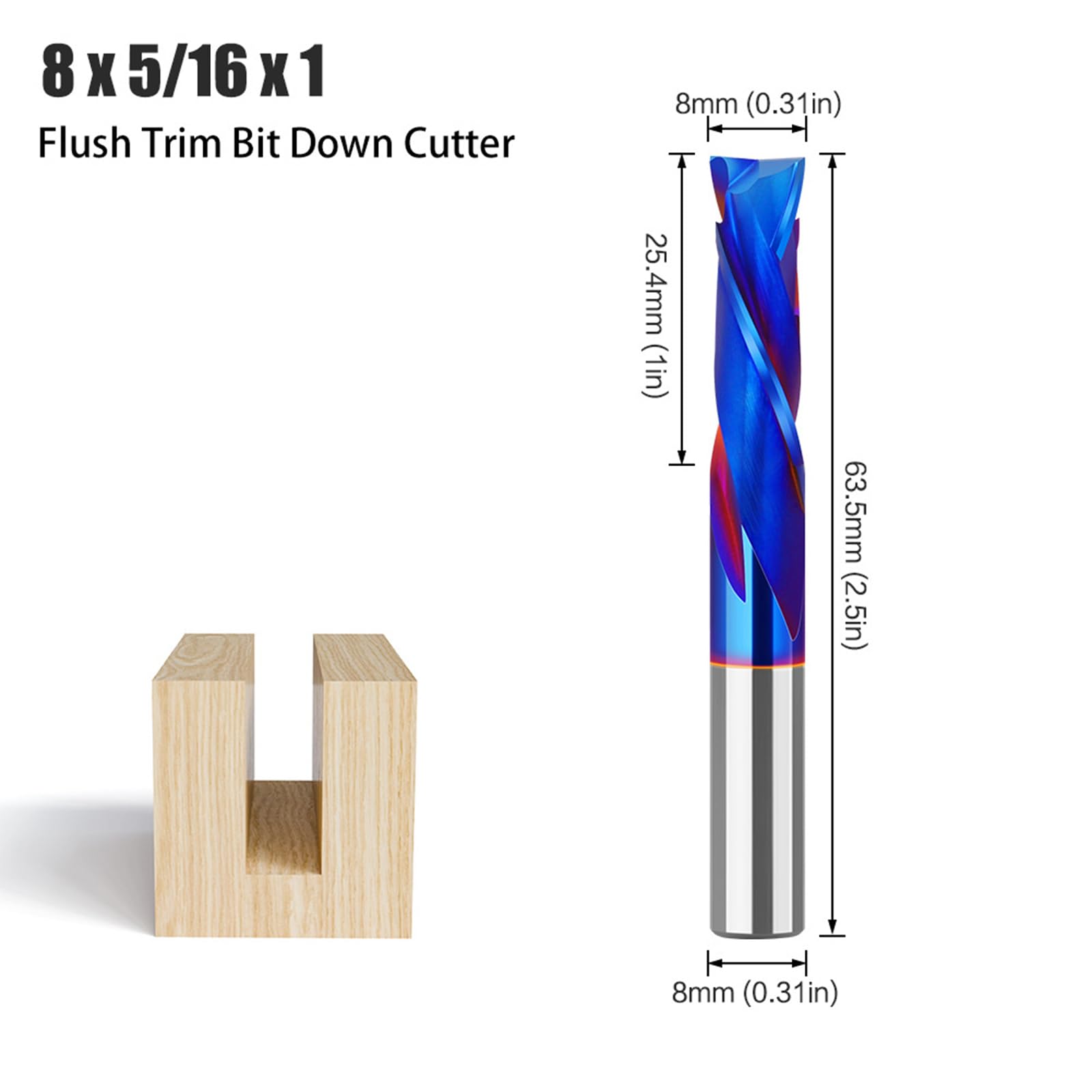 MACHSWON Straight Two Flute Router Cutter 8mm Shank,5/16" Cut Diameter & 25.4mm Cut Length,Tungsten Carbide Tipped,Milling Cutter Straight Router Bit Flush Trim Bit Composite Down Cutter - Image 2