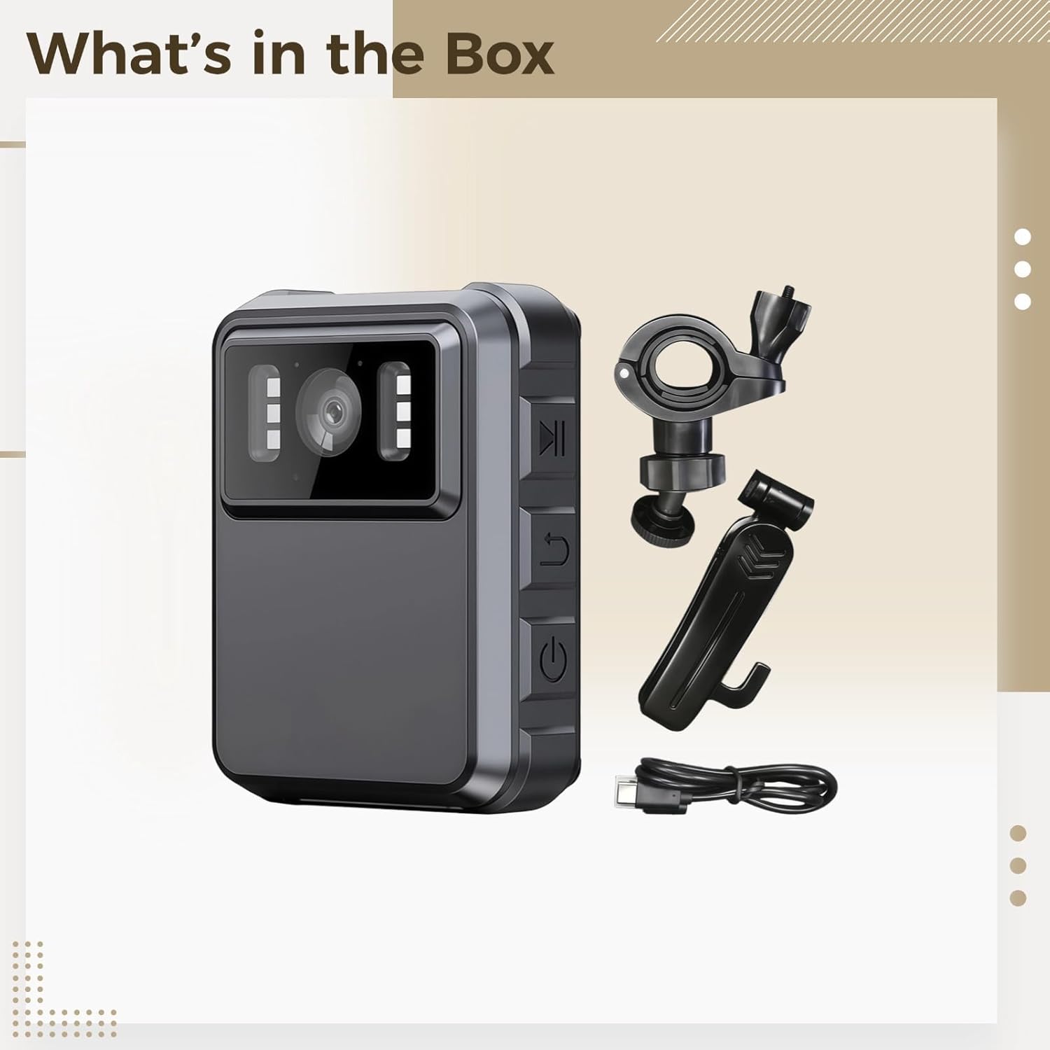 Contents of the Tressify Body Camera package including the camera, two different mounting brackets, a charging cable, and an SD card.