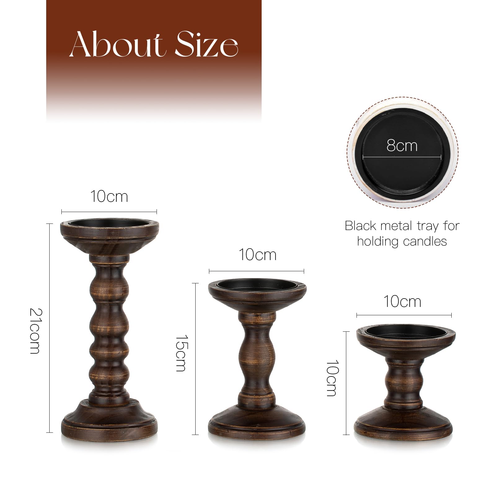 Set 3 Portacandele In Legno Rustico Vintage - Altezze 10, 15, 21 Cm, Vassoio In Metallo, Decorazione Per Soggiorno E Tavolo
