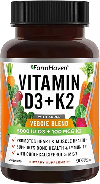 FarmHaven Vitamin D3 K2 Capsules - 5000 IU D3 and 100 mcg K2 - Cholecalciferol MK7 with Veggie Fruit Blend - Vitamin D K2 Supplement for Immune System & Heart Health - Vegetarian, Non-GMO, 90 Caps