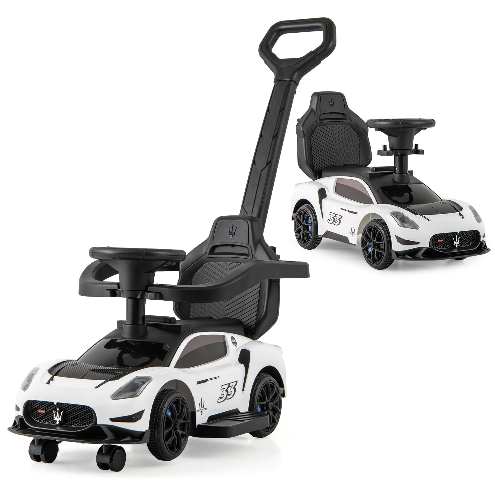 COSTWAY 3 in 1 Ride on Push Along Car, Maserati Licensed Foot to Floor Slider with Parent Handle, Horn, Music, Storage Compartment, Toddler Sliding Walker for 18-60 Months Old (White)