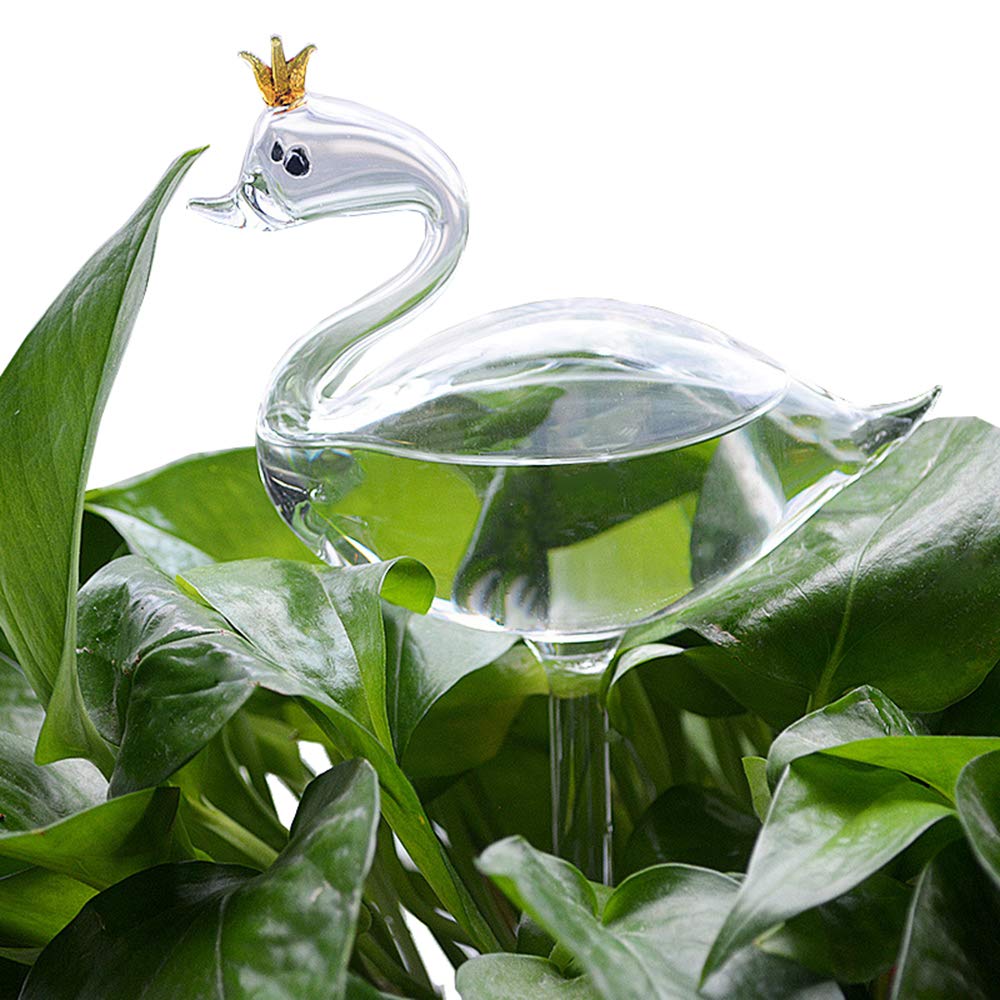 The Crowned Swan Glass Shape Hand Blown Clear Glass Automatic Waterer House Plant Self Watering Decorative Potted Plants Watering Globes Bottle Waterer Container (Swan)