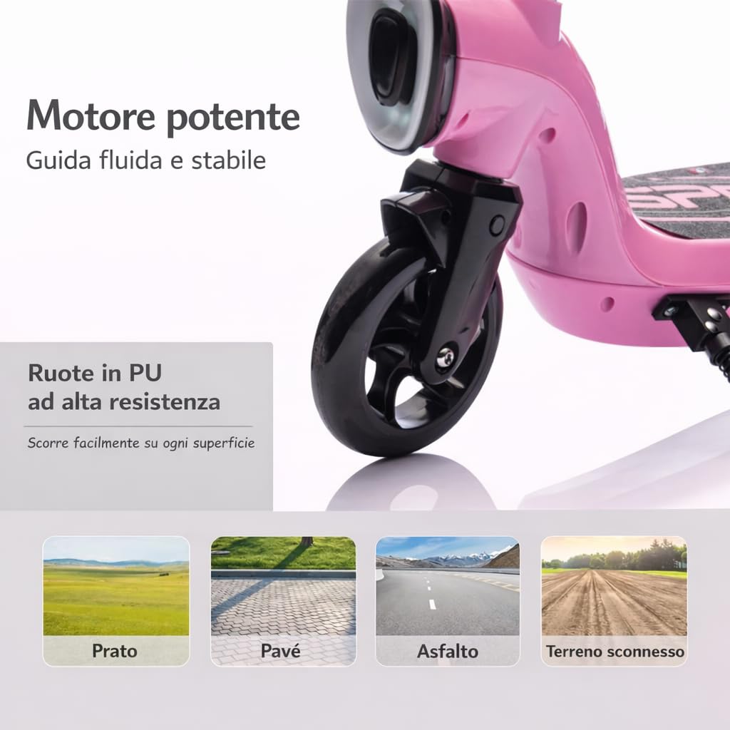 Monopattino per Bambini con Luci LED – Giocattolo a Batteria 12V, 2 Ruote, Uso Privato, Portata 50 kg