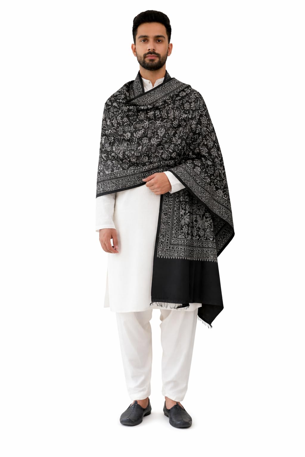 Men's Wool Woven Shawl, Navy Blue, Floral Print, Ethnic Style, One Size, 200x100 cm-image-8