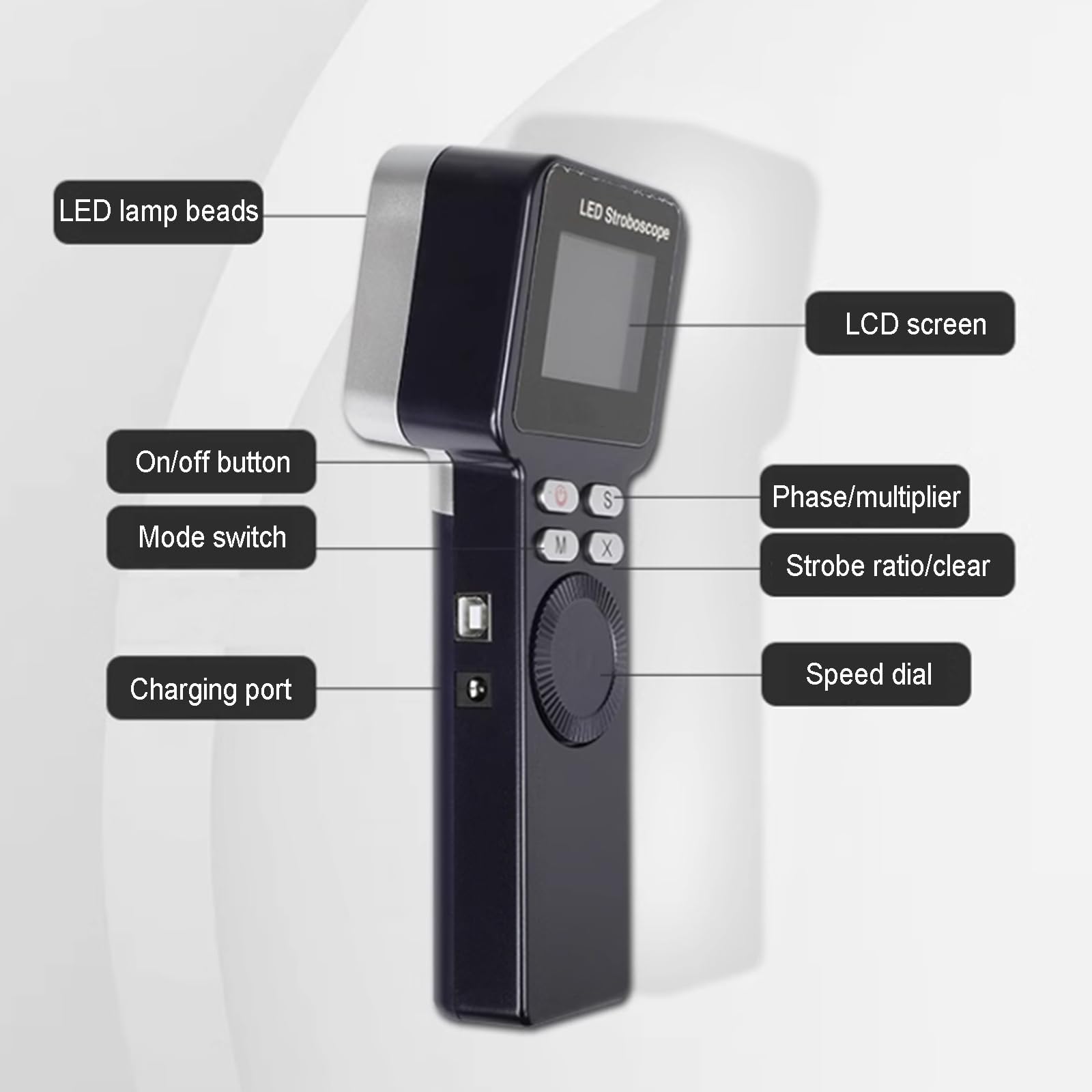 Tacómetro de luz estroboscópica digital LED, estroboscópico de mano sin contacto, 1-999999 RPM, recargable, para engranajes, neumáticos