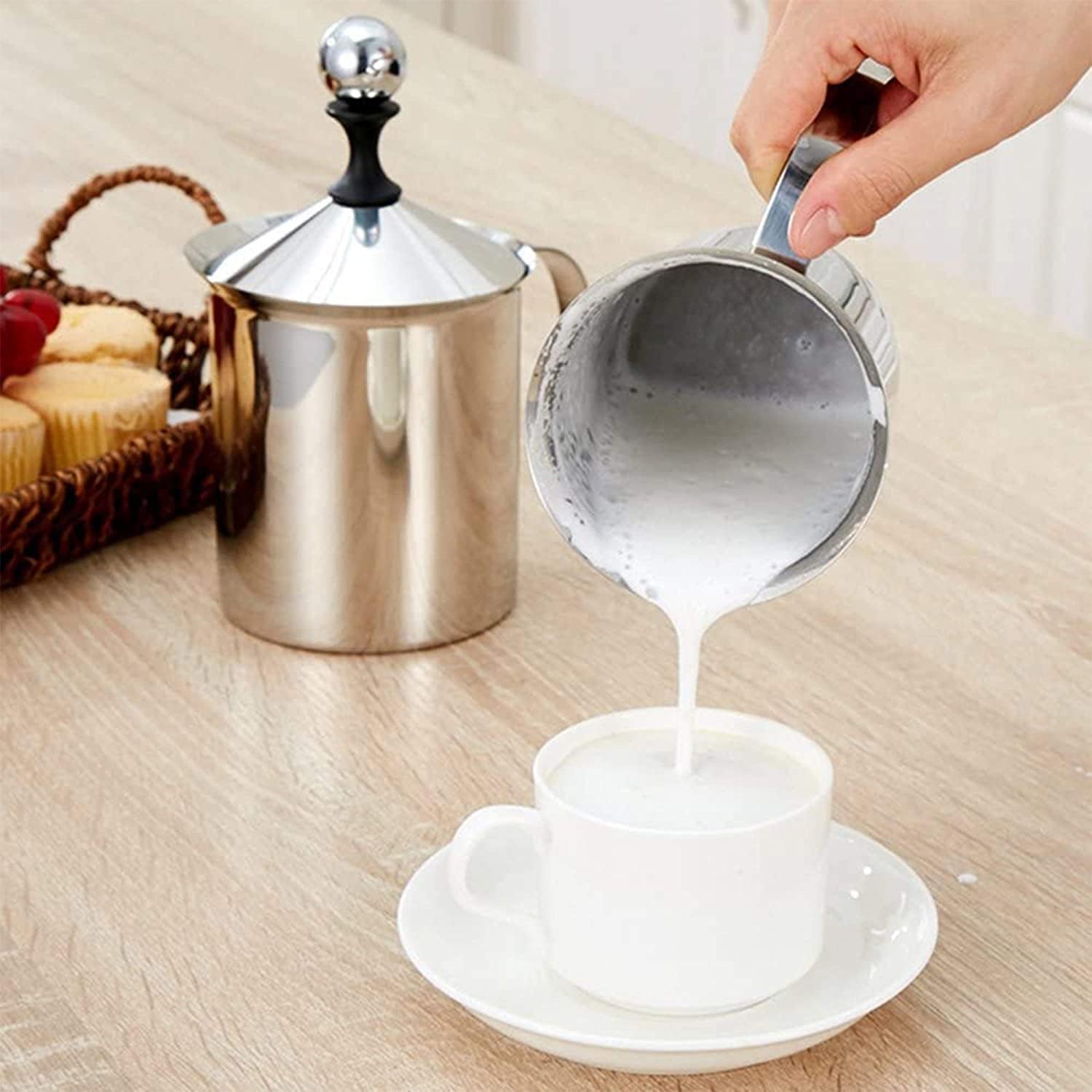 Milk Frother, Freezer Stainless Steel Hand Pump Milk Frother, Cappuccino Coffee Frother Double Froth Pump, Milk Coffee Foam Maker Mixer Hand Blender Creamer Beater (400ml)