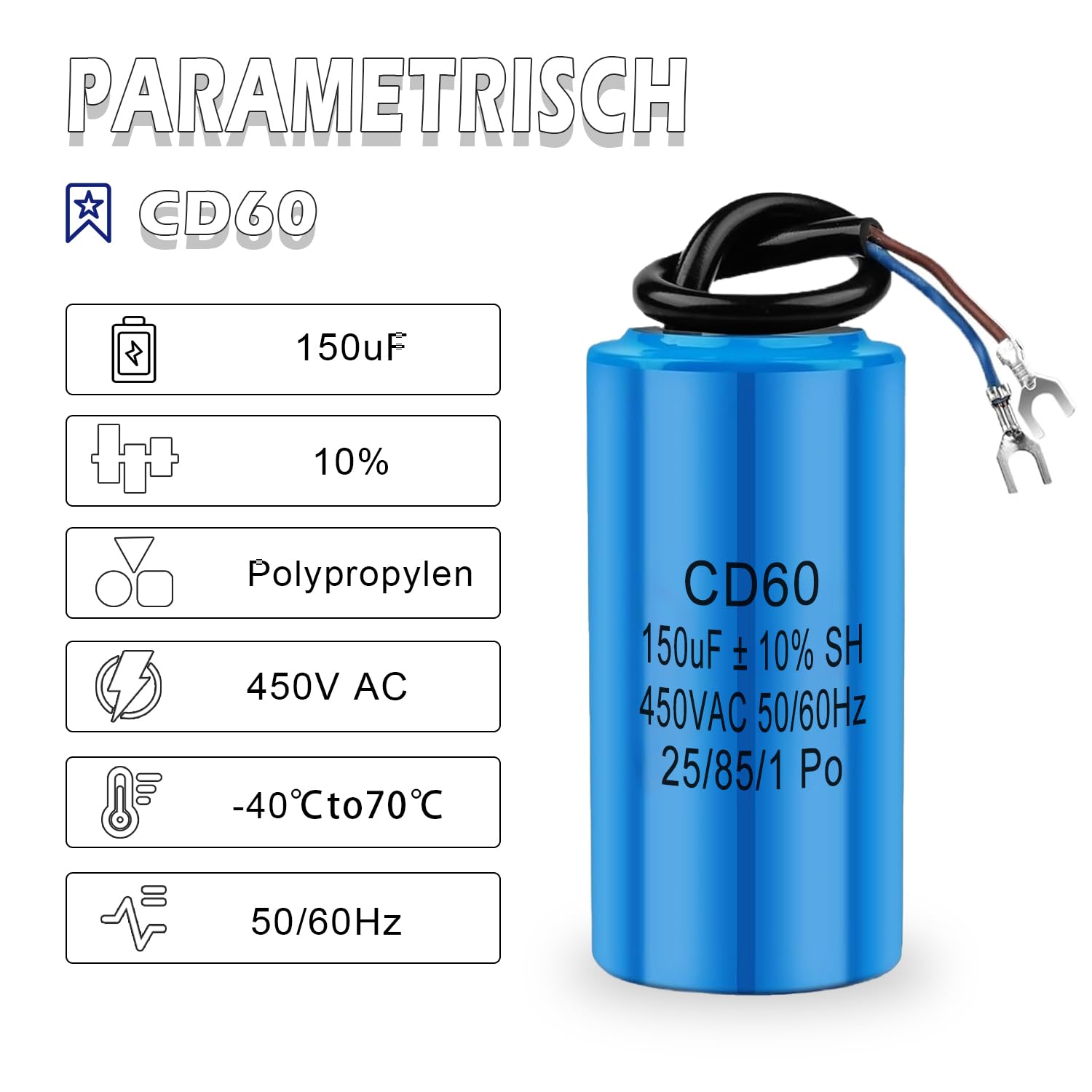Iruihoo CD60 AC 450V 150uf 50/60Hz Condensatore, condensatore di avviamento, condensatore elettrico, condensatore del motore con cavo, per frigorifero, motore, pompa, generatore