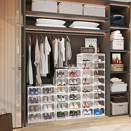 Image of ANTBOX Foldable Shoe Rack,Shoe Organizers for Closet Plastic Shoe Storage Box Space Saving For Entryway, Large Sturdy Stackable Sneaker Cabinet Bins With Magnetic Clear Door 4 Tiers 8 Pairs