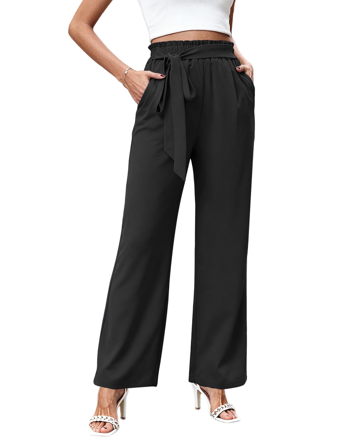High Waist Wide Leg Lounge Pants for Women Loose Fit Casual Business Lightweight Flowy Elastic Trousers with Pockets